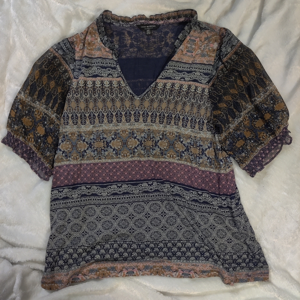 Lucky Brand Sheer Gathered Sleeves Blouse Size S
